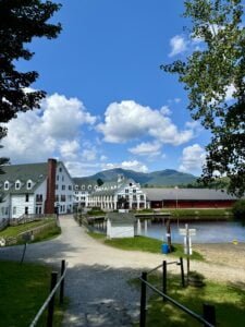 A scenic path leading to town center by a pond in Waterville Valley, New Hampshire