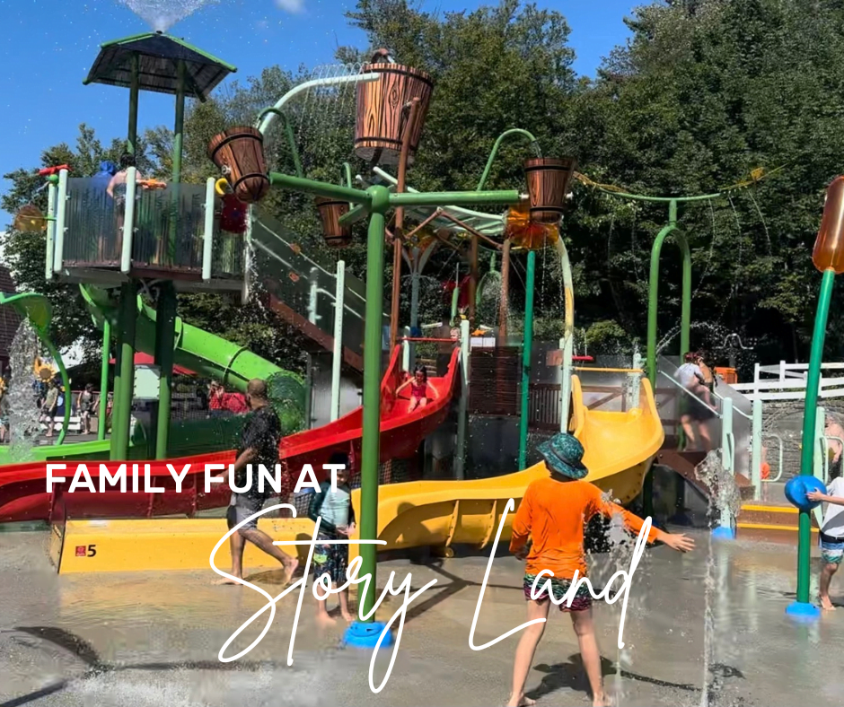 Kids enjoying the water park at Story Land in New Hampshire on a sunny day