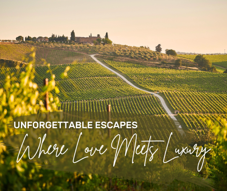 A scenic view of Tuscany’s rolling vineyards at sunset, evoking romance and luxury—perfect for a couple’s getaway.